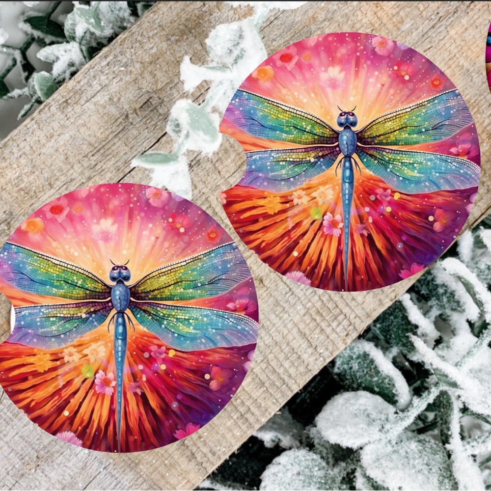 Handmade Dragonfly Car Coasters | New Dragonfly Set Of Two Neoprene Car Coasters